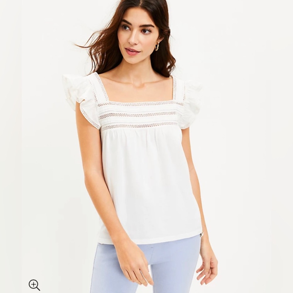 LOFT NWT Cutout Ruffle Square Neck Top - White